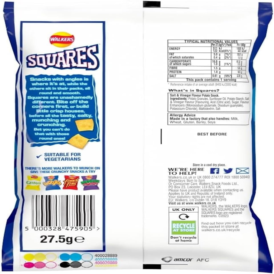 image 1 of Walkers Squares Salt & Vinegar Snacks Crisps 27.5g (Case of 32)
