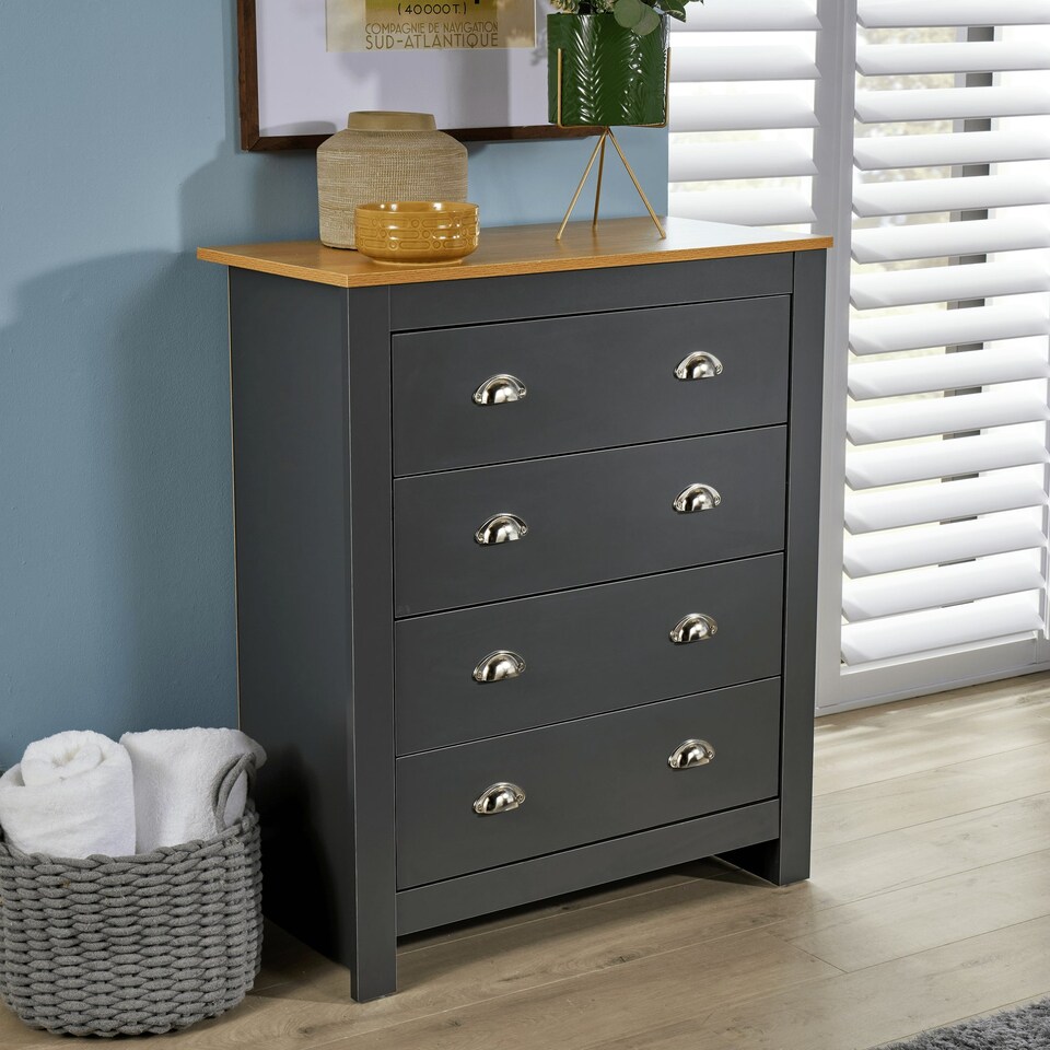 image 1 of Chest 4 Drawers Bedroom Furniture Oak Top Metal Handles Grey