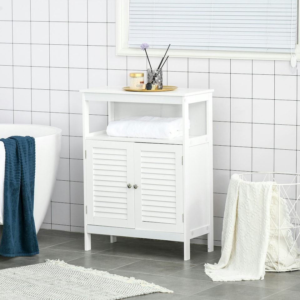 image 1 of kleankin Wooden Bathroom Floor Cabinet with Door Corner Storage Oragnizer White