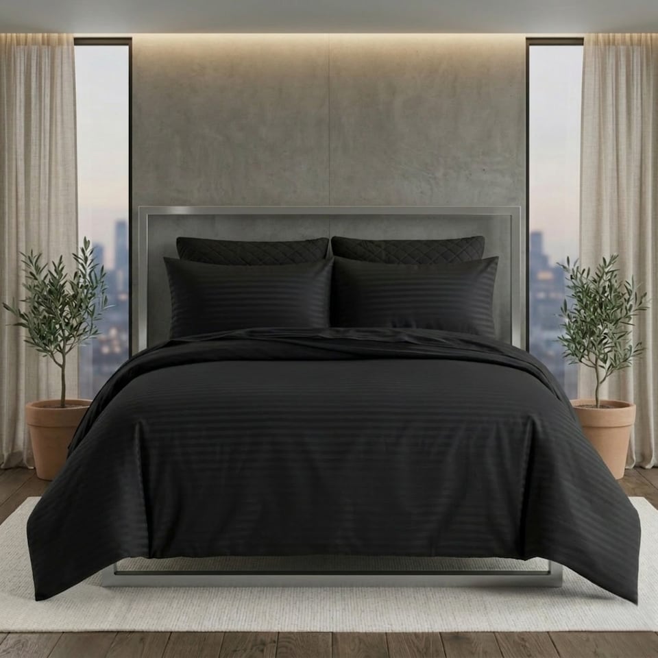 image 1 of Luxury Satin Stripe Duvet Cover Set T250 Cotton Rich Soft Bed Linen | Black | Double