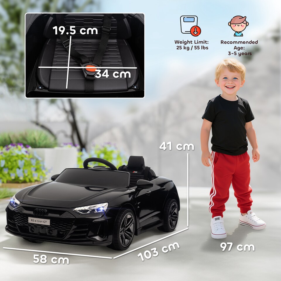 image 1 of HOMCOM Audi RS e-tron GT Licensed Electric Car for Kids, 12V Battery Powered Electric Ride on Toy with Remote Control Music, Suspension Wheels, Soft Start, for 3-5 years, Black