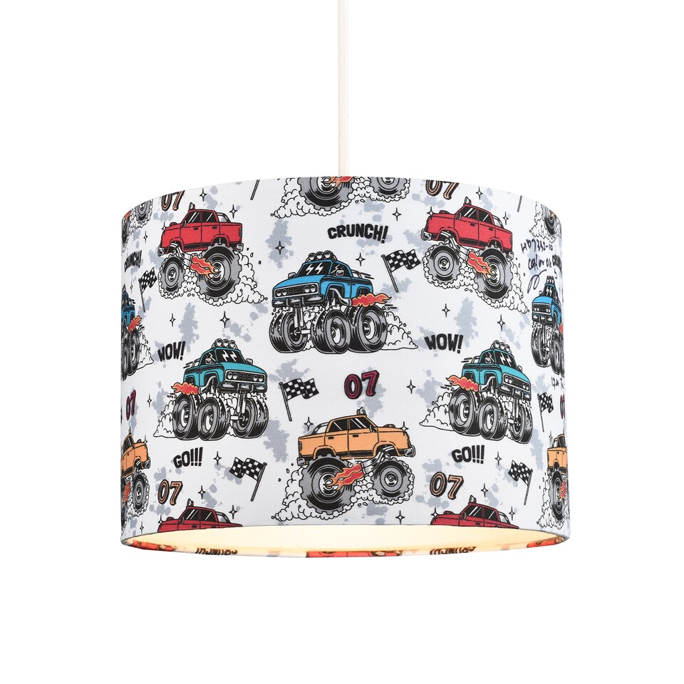 image 1 of Modern and Colourful Monster Trucks Kids Cotton Fabric Drum Lamp Shade - 25cm | Multi | 10"