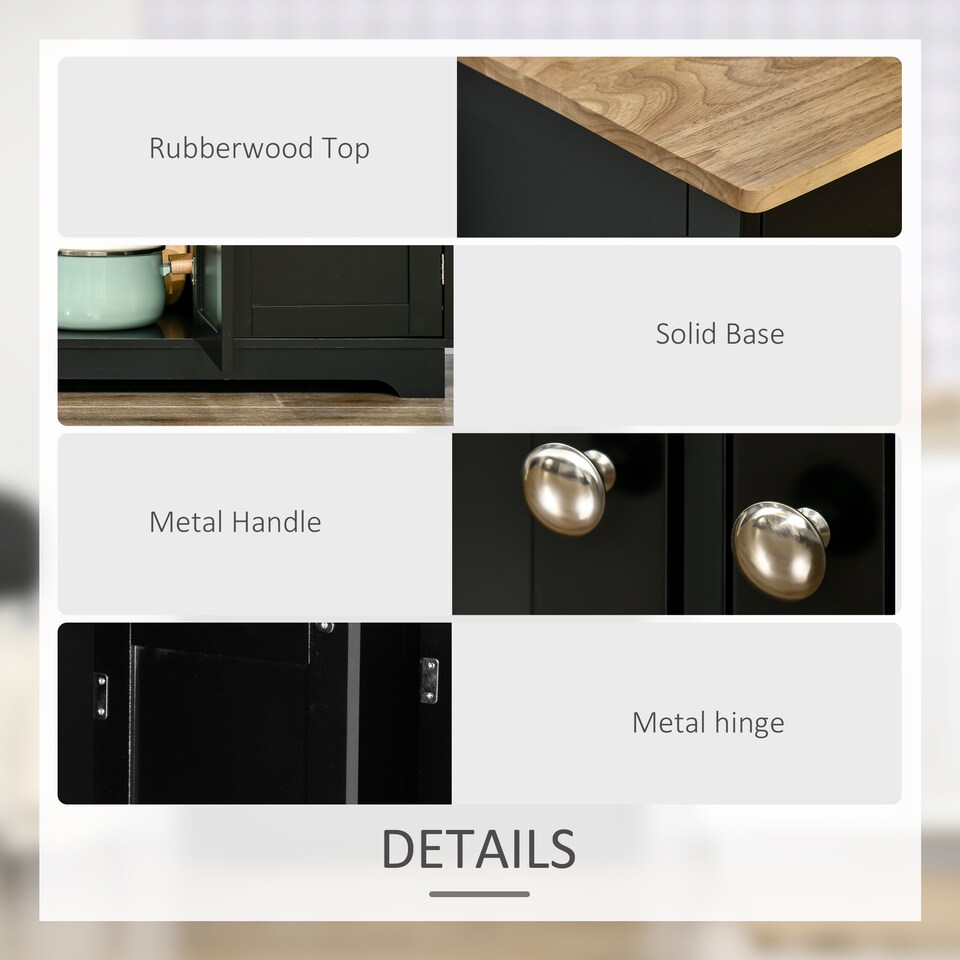 image 1 of HOMCOM Sideboard with Rubber Wood Top, Modern Storage Cabinet, Kitchen Cupboard with 3 Doors, 3 Drawers and 3 Adjustable Shelves for Dining Room, Living Room, Black | Black | Black