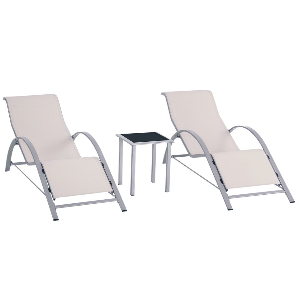 image 1 of Outsunny 3 Pieces Sun Lounger Chair Set, Metal Frame Outdoor Garden Recliner Chairs with Glass Top Side Table and Armrests for Patio, Cream White