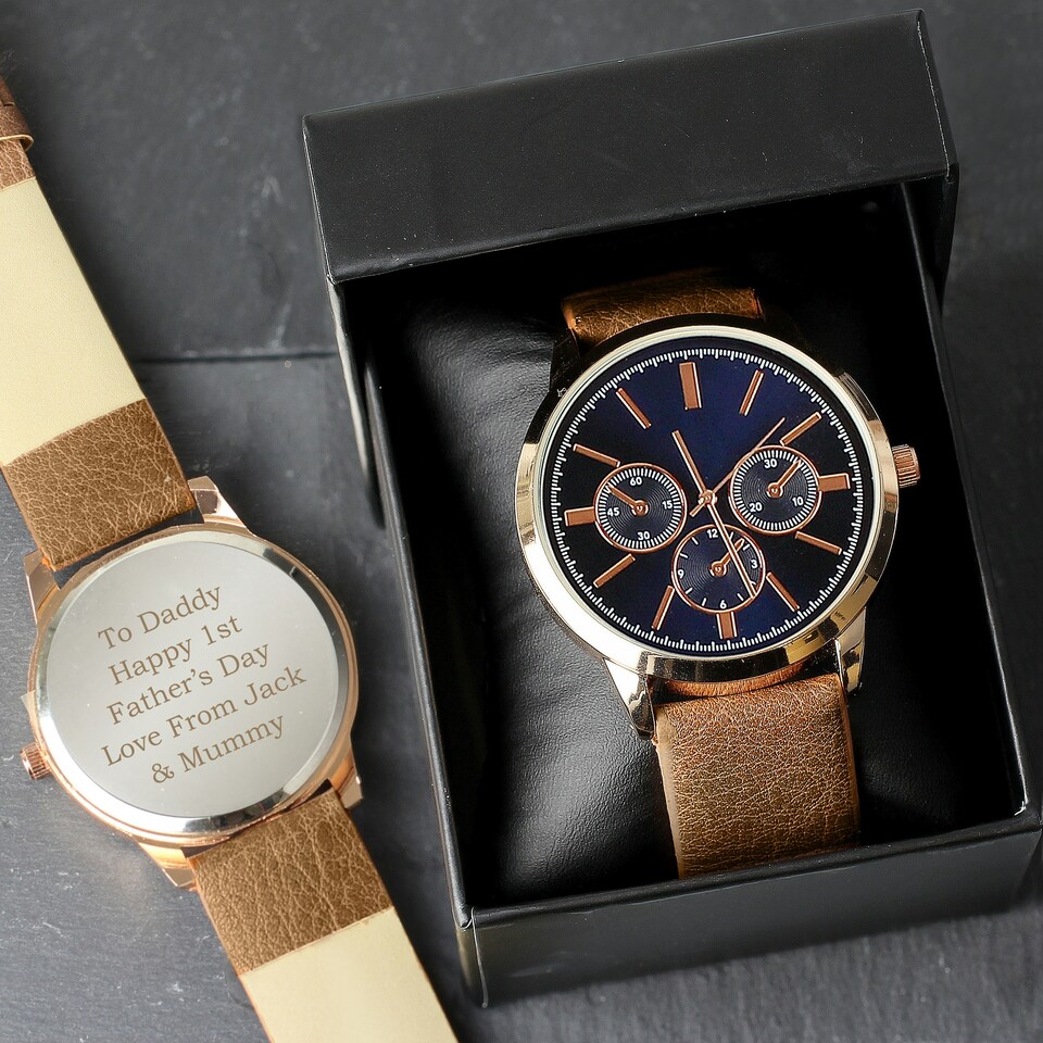 image 1 of Personalised Mens Rose Gold Tone Watch with Brown Strap and Presentation Box