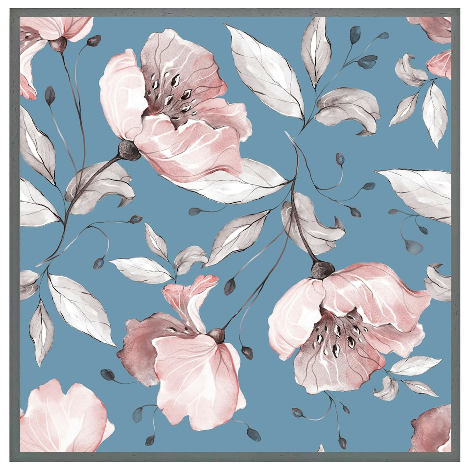 image 1 of Pink flowers on blue (Picutre Frame) Brown | XL