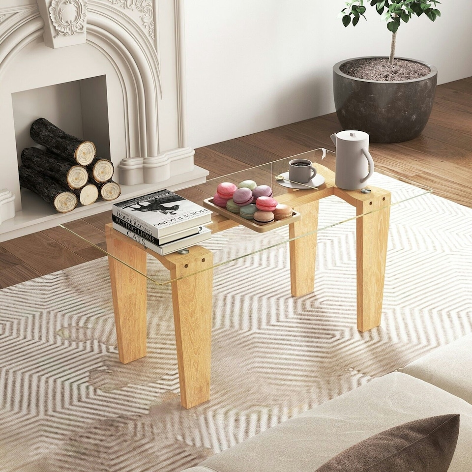 image 1 of COSTWAY Rectangle Coffee Table Tempered Glass Top Center Table Brown