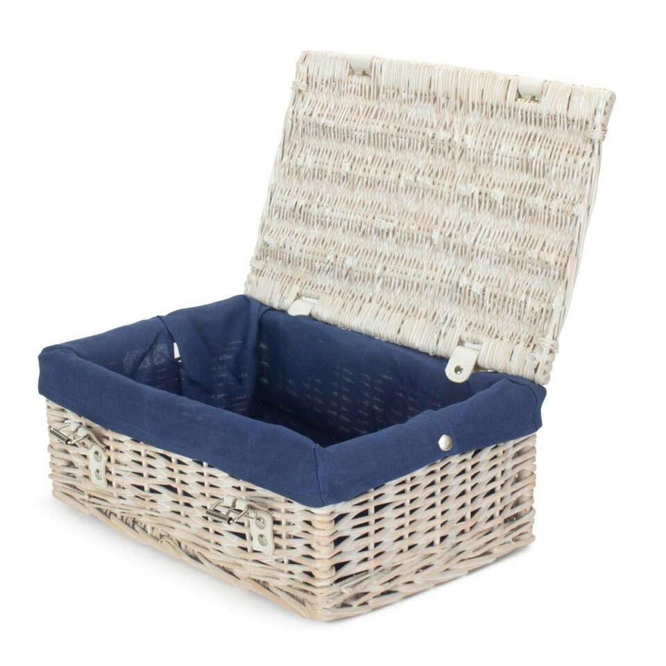 image 1 of 35cm White Wash Wicker Picnic Basket with Lining Blue | Blue | One Size