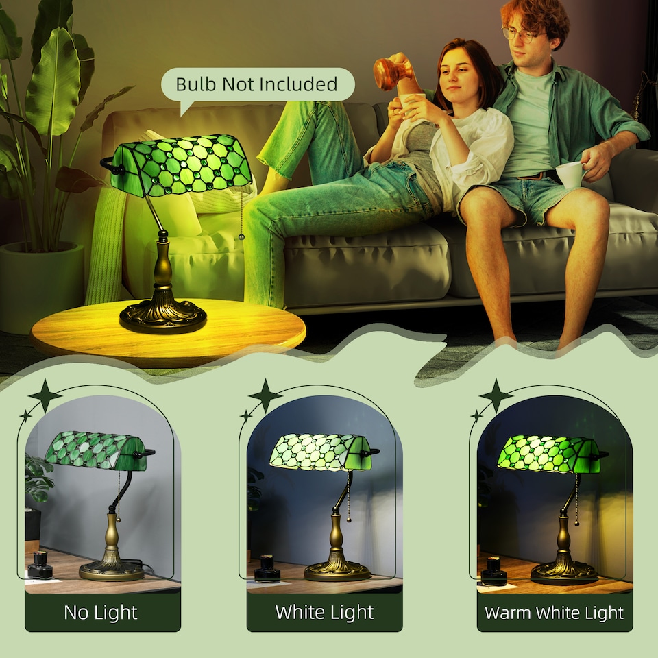 image 1 of HOMCOM Stained Glass Table Lamp, Vintage Lamp with Green Handmade Shade, Metal Base, Antique Bedside Lamp for Bedroom Living Room Home Decoration