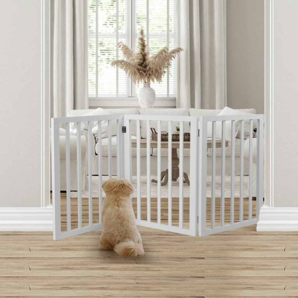 image 1 of Wooden Pet Gate Dog Fence Retractable Barrier Portable Door 3 Panel White