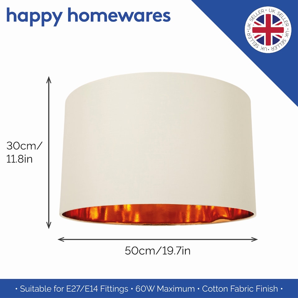 image 1 of Contemporary Cream Cotton 20 Floor/Pendant Lamp Shade with Shiny Copper Inner | Cream