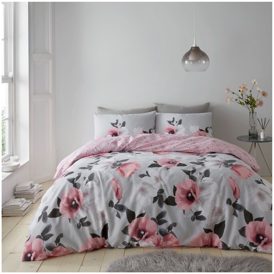 image 1 of VELVETIO 3D Digital Poppy Duvet Cover Set Reversible Floral Single Size Beddings Pink