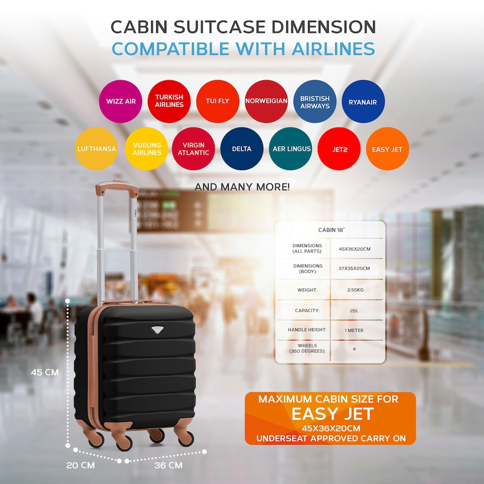 image 1 of 45x36x20cm EasyJet Free Underseat Carry-On Cabin Bag - Lightweight 4 Wheels ABS Hard Shell Suitcase Black | Black/Tan | Cabin Bag