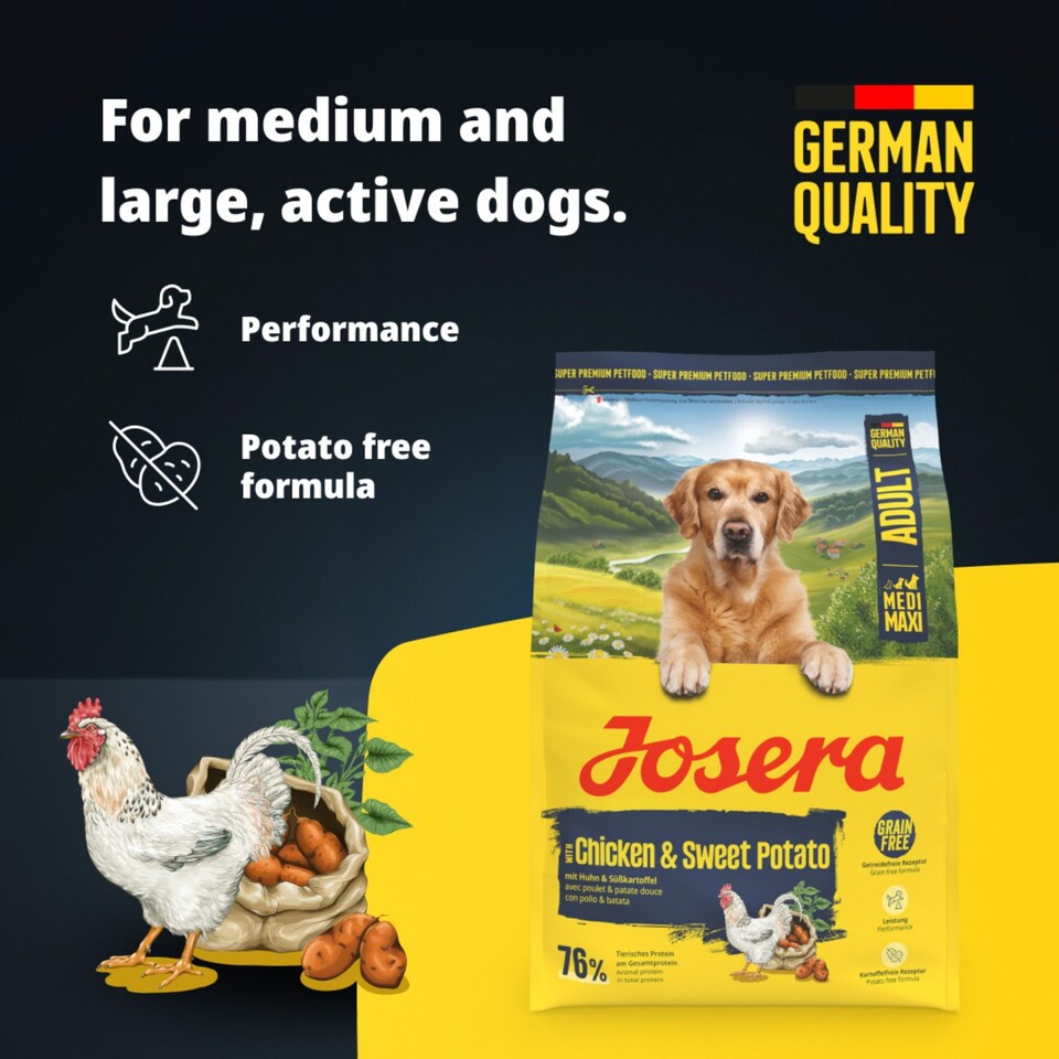 image 1 of Josera Medi/Maxi Adult Chicken & Sweet Potato complete dog food | Grain-free | Medium & Large breeds | Lots of meat | Active dogs | Green-Lipped Mussel | 12.5kg