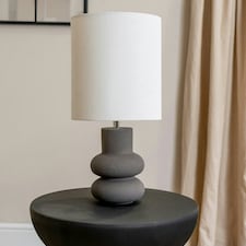 ValueLights Jude Linen Tall Drum Shade Black Stacked Abstract Ceramic Table Lamp Black