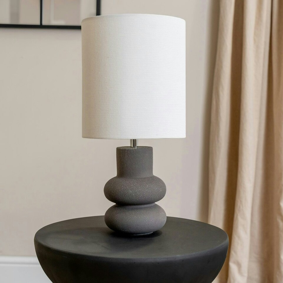 image 1 of ValueLights Jude Linen Tall Drum Shade Black Stacked Abstract Ceramic Table Lamp Black