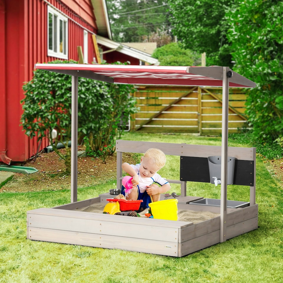 image 1 of Outsunny Kids Wooden Sandbox w/ Canopy, Kitchen Toys, Seat, Storage, for Outdoor
