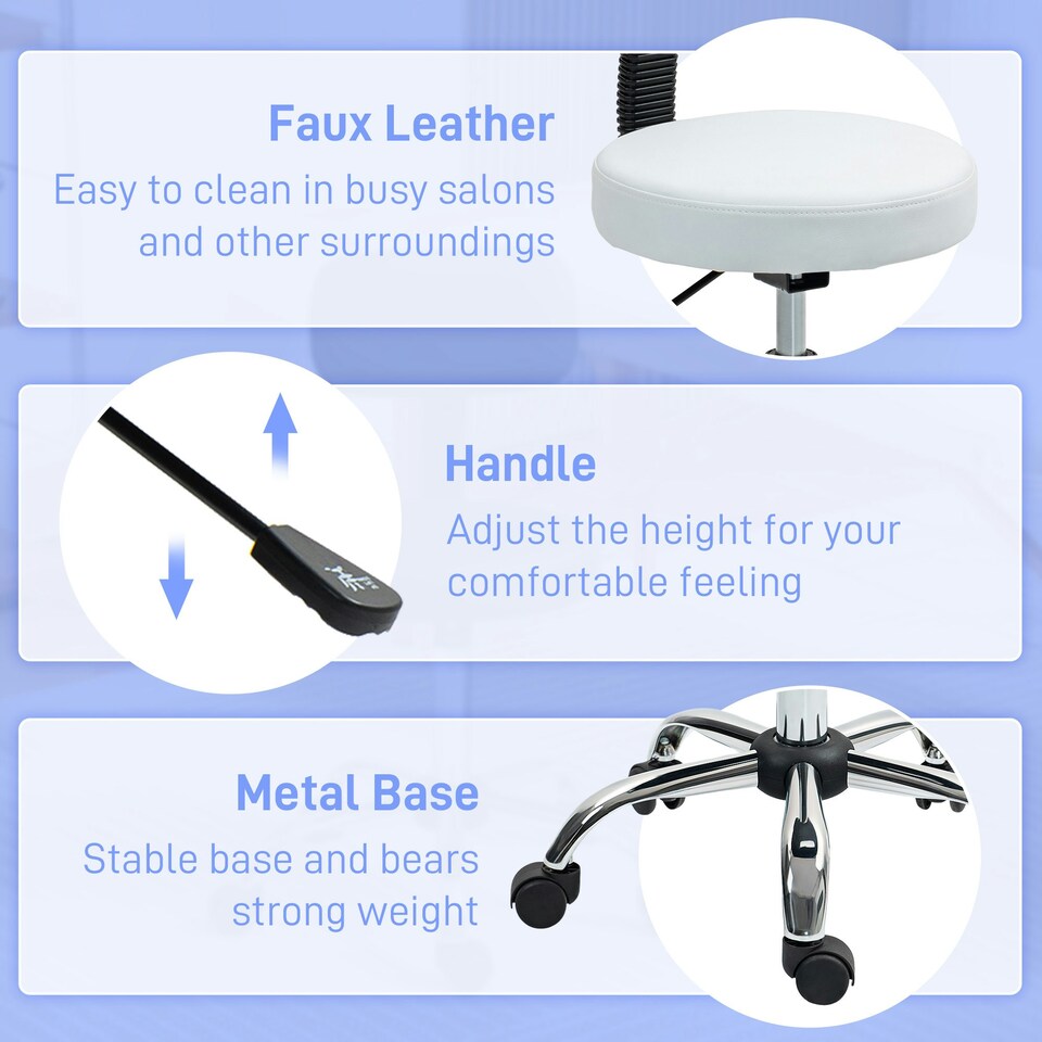 image 1 of HOMCOM Rolling Stool with Backrest, Wheels, Faux Leather Salon Chair, White Black