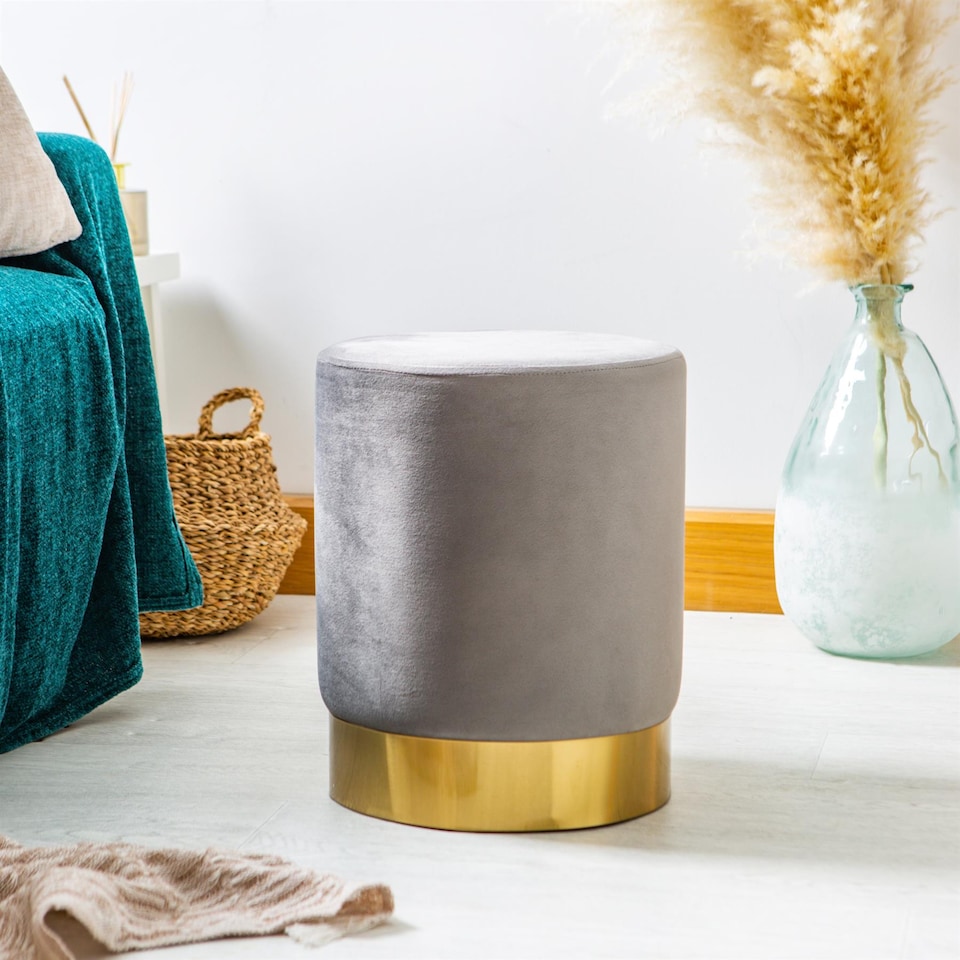image 1 of Harbour Housewares Velvet Pouffe - Round Luxe Living Room Bedroom Dressing Table Accent Footstool - 29 x 36cm - Grey | Grey | Grey | Pack of 1 | 1