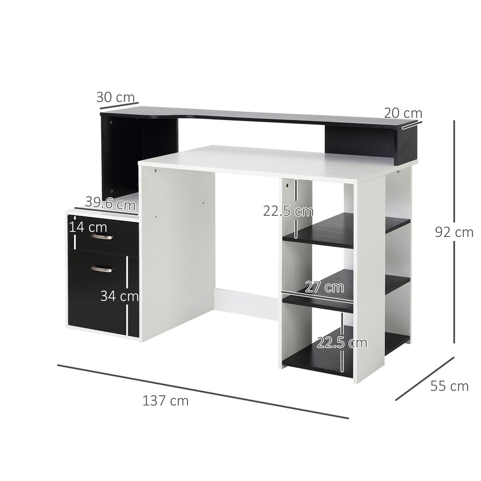 image 1 of HOMCOM Computer Desk with Drawers and Storage Shelves, Office Desk Writing Table with Printer Stand, Large Workstation for Study Play Work Home Office, 137 x 55 x 92cm, Black and White