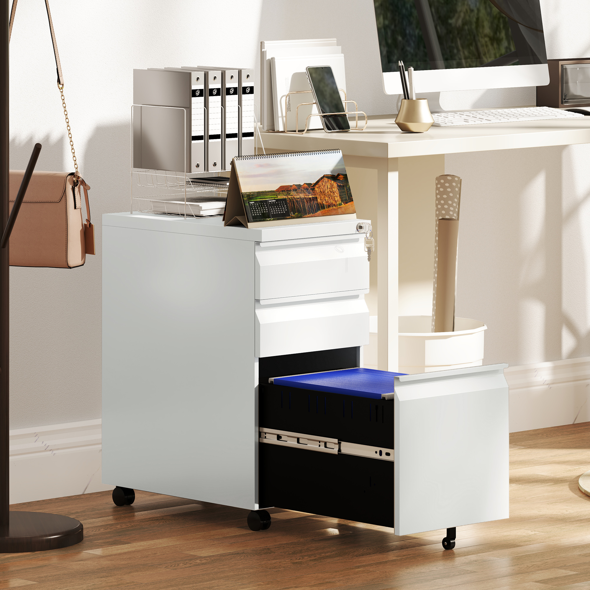 STANI 3-Drawer Metal File Cabinet With Lock & Wheels – Under Desk For Home Office (Black)