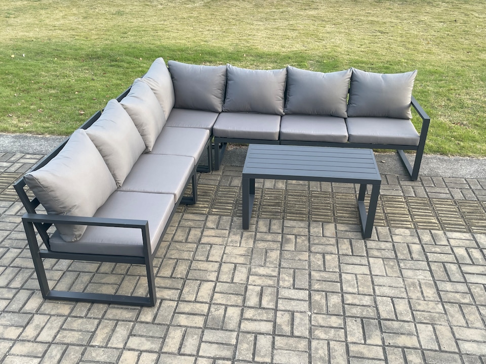 image 1 of Fimous Aluminium Patio Outdoor Garden Furniture Lounge Corner Sofa Set with Oblong Coffee Table Dark Grey