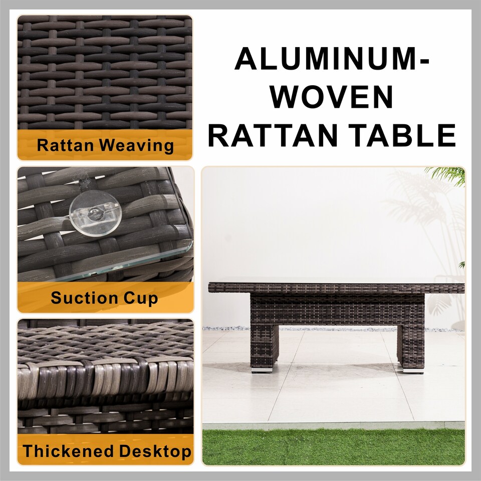 image 1 of Direct Wicker Outdoor Garden Rattan Rising Table with 5mm Clear Tempered Glass Top, Aluminium Frame for Patio, Balcony | Brown