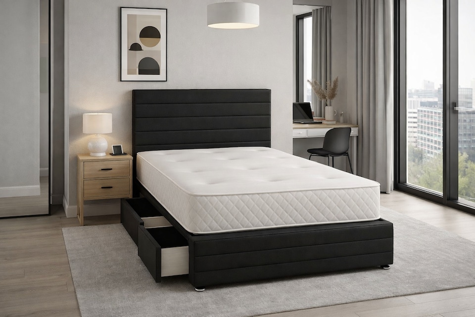 image 1 of Divan Bed Set Headboard and Footboard with Mattress 3ft Single Black Suede Storage 2 Drawers Right Side Laying in Bed