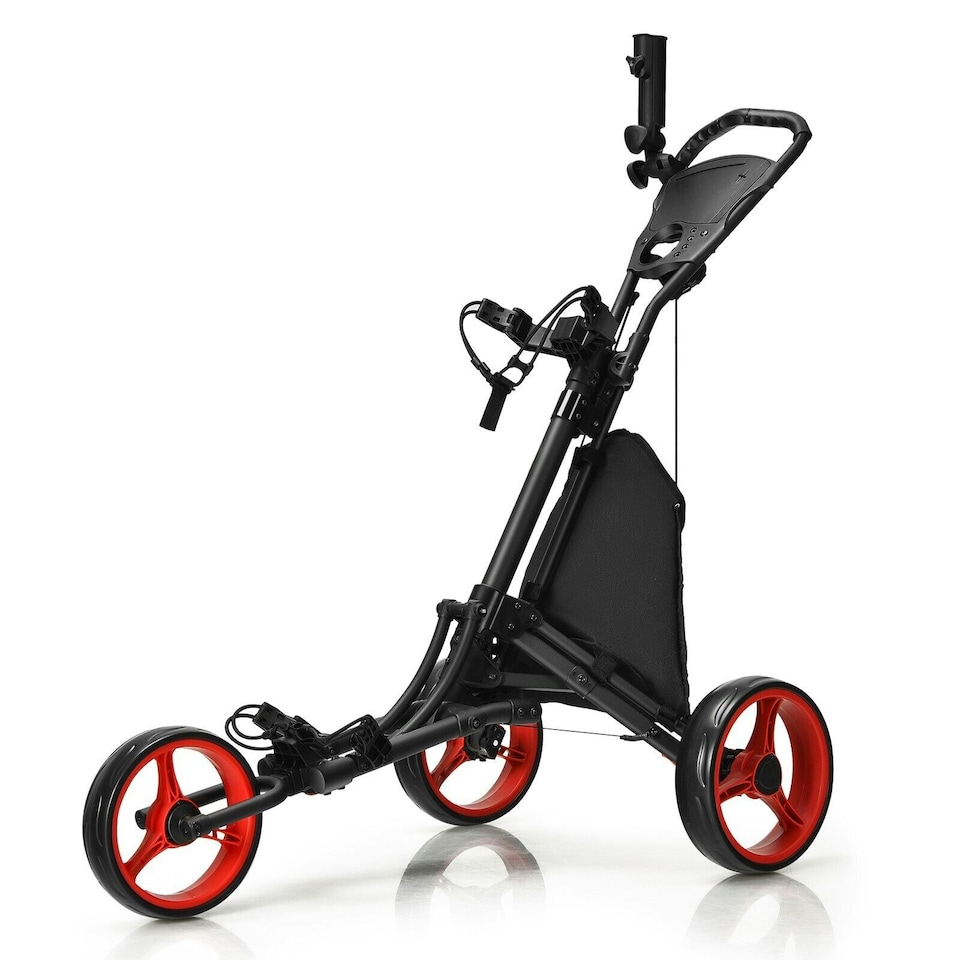 image 1 of COSTWAY 3 Wheel Golf Push Cart Folding Golf Holder Red