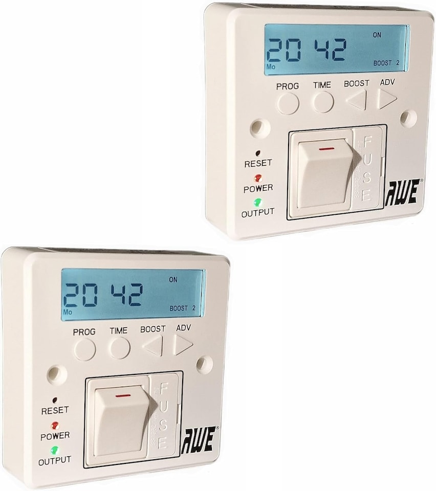 image 1 of Awe 2 x 7-Day Digital Fused Timer Spur Electric Heating, Immersers, Aga-Range Cookers, Towel Rails & Lights 5yr Warranty Programmable Timer & Lit Display Rechargeable Cell 2000hrs Batt Memory