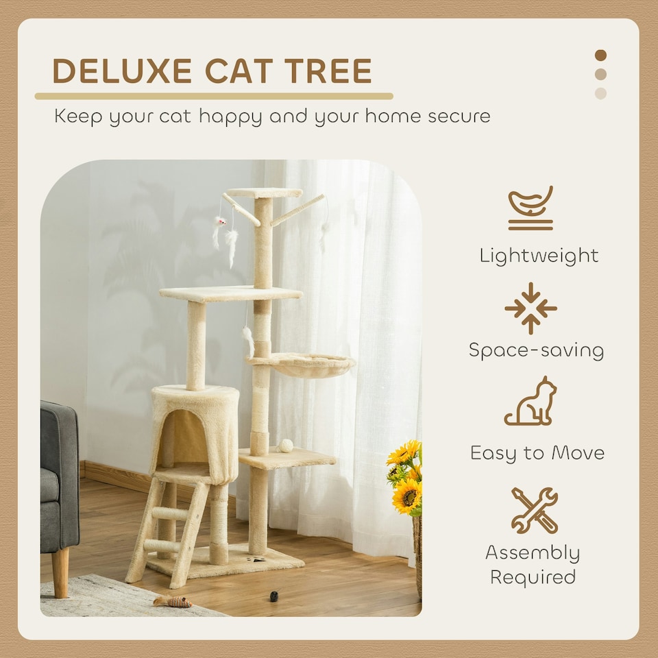 image 1 of PawHut Cat Tree for Indoor Cats, 135cm Scratching Post Climbing Tower, Beige