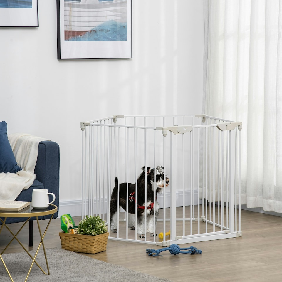 image 1 of PawHut Pet Safety Gate 5 Panels Playpen Metal Fence w/ Walk Through Door - White