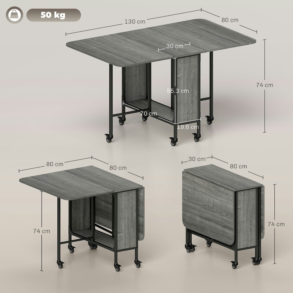 image 1 of HOMCOM Mobile Drop Leaf Dining Table on Wheels with Storage Shelf Grey