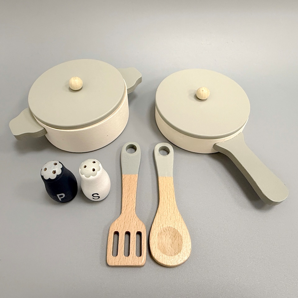 image 1 of Hooga Play Kitchen for kids - Wooden Role Play Toy with 6 Utensils - Grey