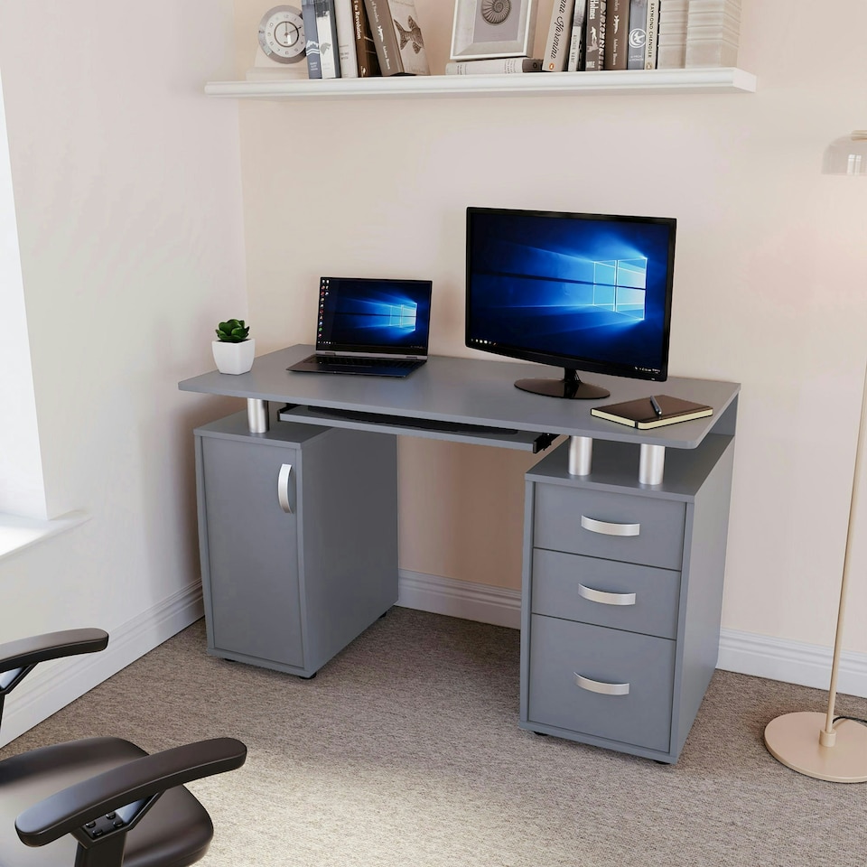 image 1 of Vida Designs Otley 3 Drawer Computer Desk Home Office Workstation, Grey