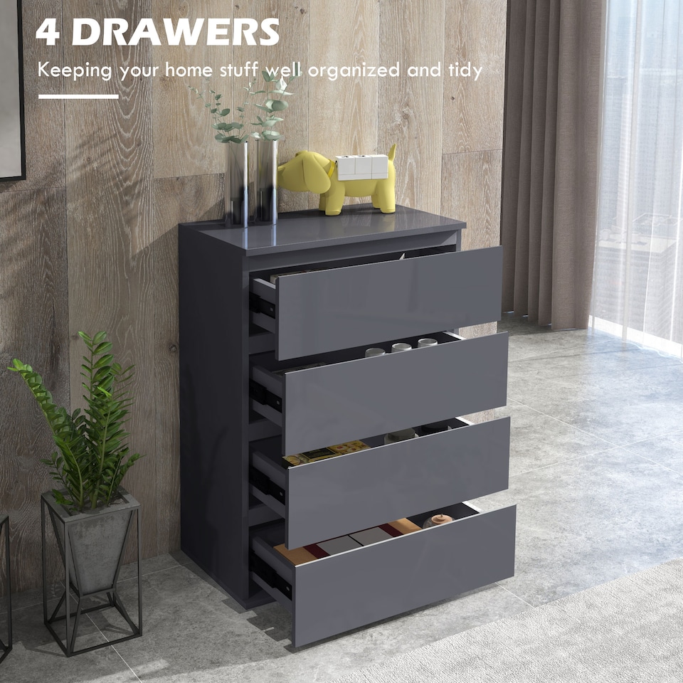 image 1 of HOMCOM Bedroom Chest of Drawers, High Gloss 4 Drawers Dresser, Grey