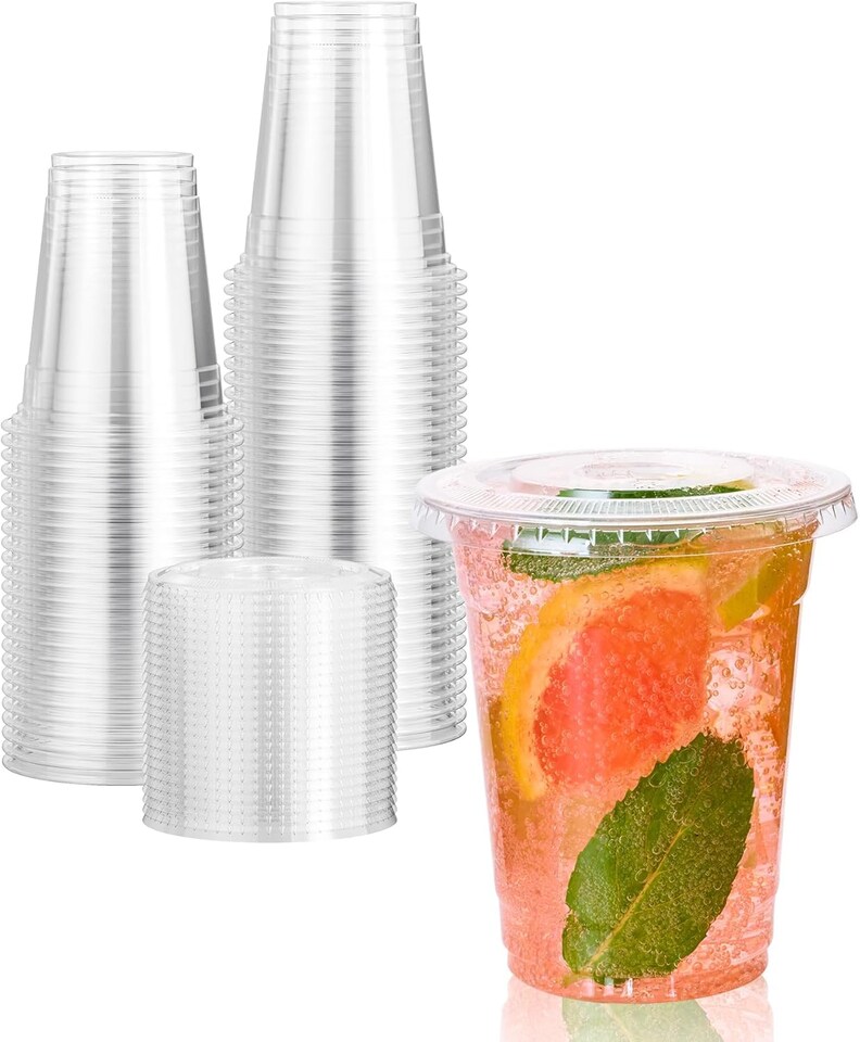 image 1 of ECONX 100 X Smoothie Cups with Flat Lids 12oz Clear Plastic Cups Reusable for Smoothies, Juice, Milkshakes