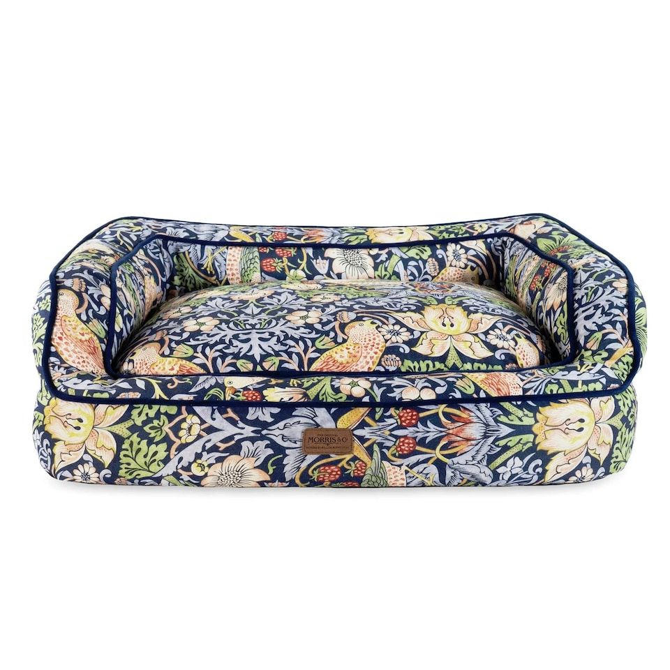 image 1 of Morris & Co Blue Strawberry Thief Dog Bed Sofa - Large Blue | L
