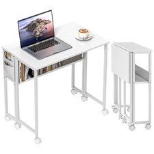 HOMCOM Folding Desk with Storage Shelf and Bag, 80 cm Foldable Computer Desk for Small Spaces, Space Saving Writing Table on Wheels for Home Office, Bedroom, Easy Assembly, White | White