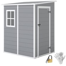 Outsunny 4 x 5FT Plastic Garden Shed with Floor, Lean to Outdoor Storage Shed, Lockable Tool Storage House with Window, Vent and Plastic Roof, Grey