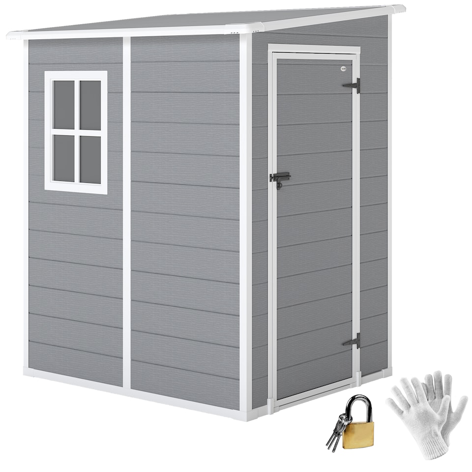 image 1 of Outsunny 4 x 5FT Plastic Garden Shed with Floor, Lean to Outdoor Storage Shed, Lockable Tool Storage House with Window, Vent and Plastic Roof, Grey