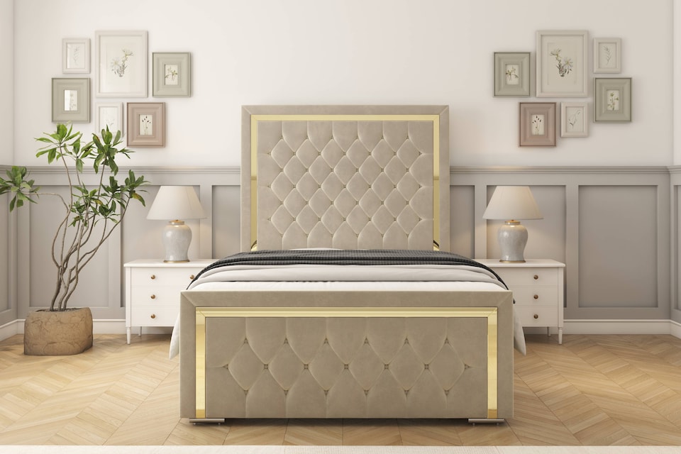 image 1 of Sloomy Sofia Gold Cream Plush Bed Frame With 50" Upholstered Headboard 4' Small Double