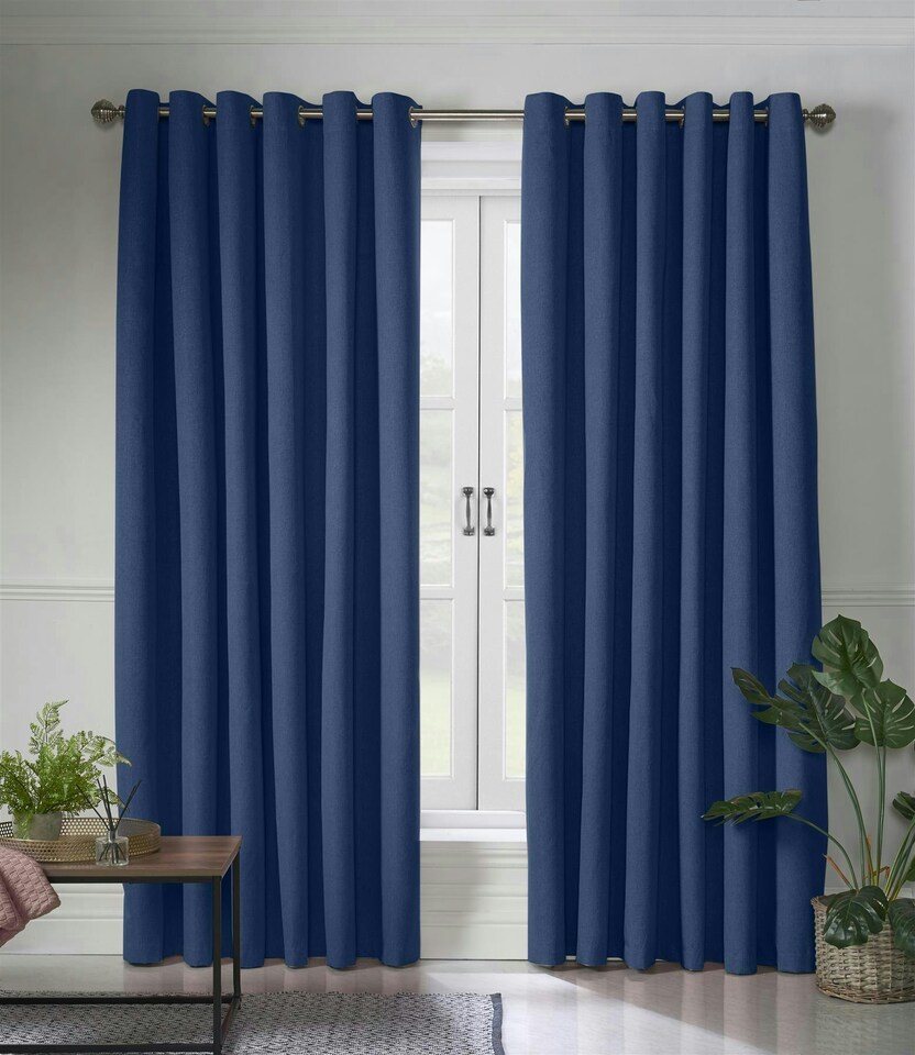 image 1 of Linen Look Blackout Ring Top Eyelet Curtains - 110cm x 183cm - Blue