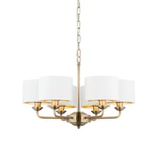 Highclere Multi Arm Shade Pendant Ceiling Lamp, Antique Brass Plate, Vintage White Fabric