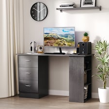 HOMCOM Computer Desk, Writing Table, PC Workstation with 3 Storage Shelves and Drawers, Silver Handle, for Home Office, Black