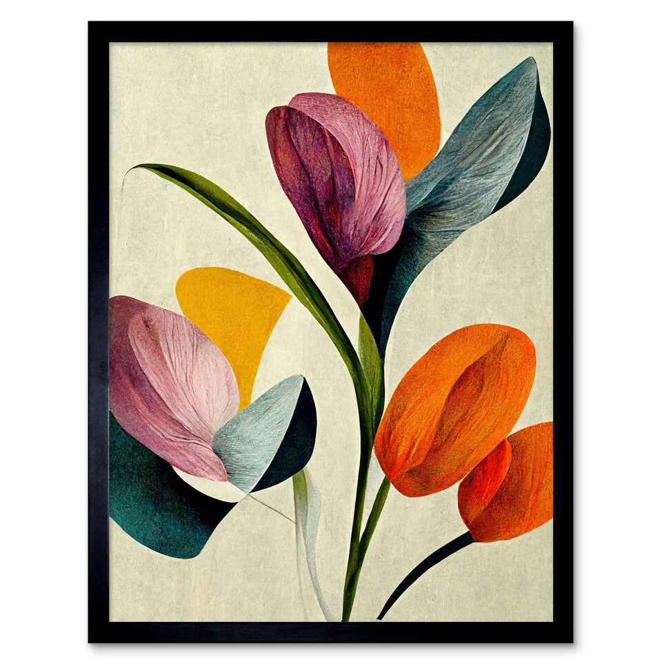 image 1 of Spring Flowers Floral Bouquet Bold Boho Coral Mustard Framed Wall Art Print