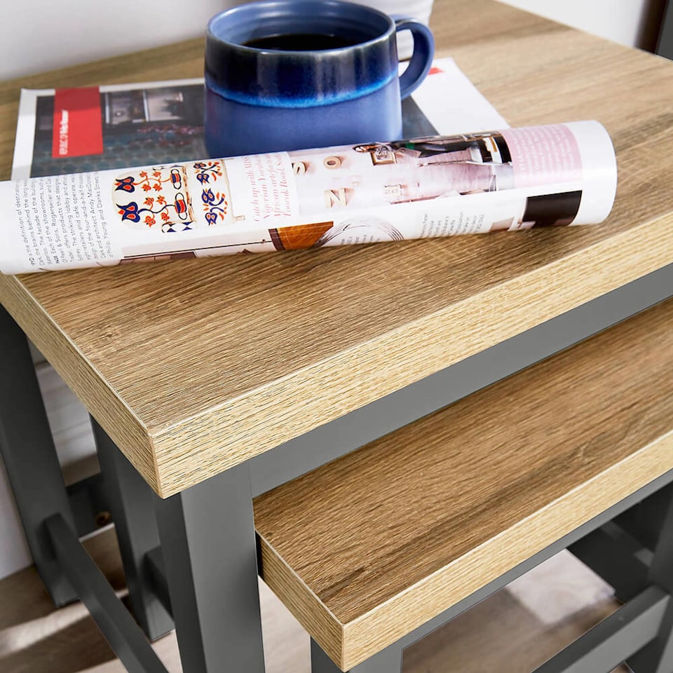 image 1 of Coffee Nest of 2 Tables Occasional Side End Tables Stackable Avon Oak Top