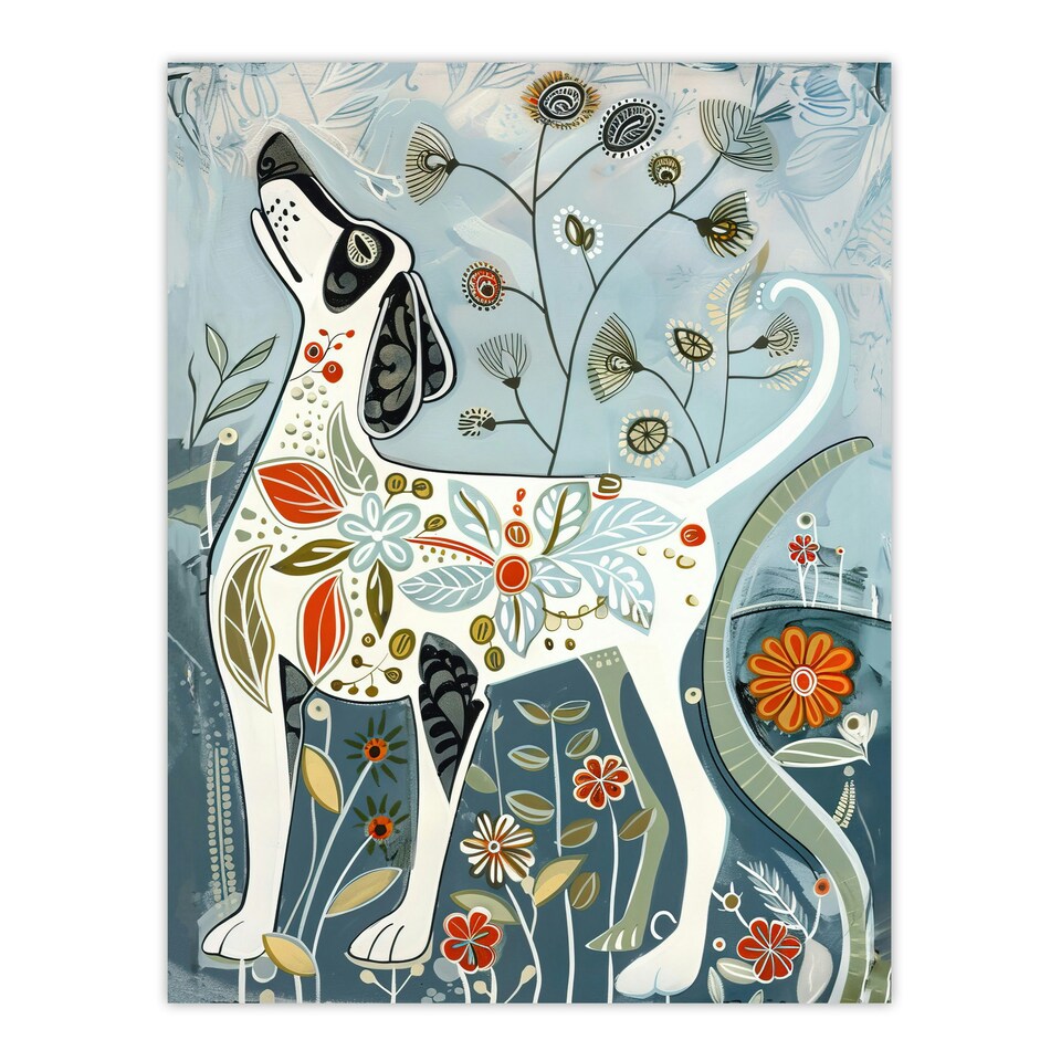 image 1 of Spring Flower Garden Dog Lover Fun Folk Art Black Framed Wall Art Print A4