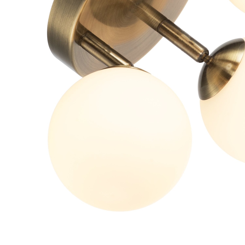 image 1 of Modern Triple Opal Glass Globe IP44 Rated Bathroom Antique Brass Ceiling Light | Gold