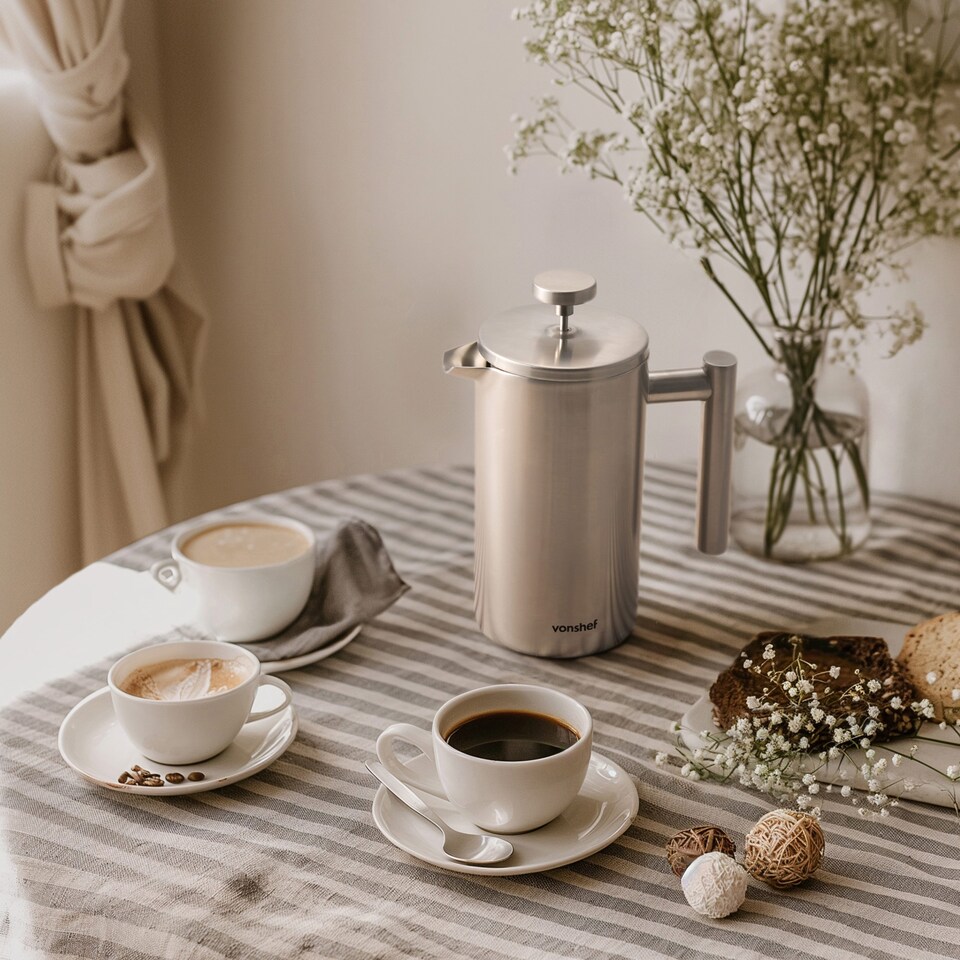 image 1 of VonShef 6 Cup Cafetiere, 800ml Stainless Steel French Press with Spoon-Bag Clip